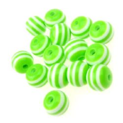 Resin acrylic round  beads 10x9 mm hole 2 mm green with white stripes - 50 pieces