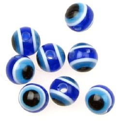 Мънисто резин топче 6 мм дупка 1 мм синьо око -50 броя