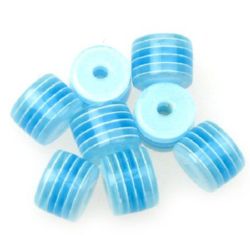 Мънисто резин цилиндър 8x6 мм дупка 2 мм синьо с бяло райе -50 броя