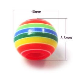 Мънисто резин топче 10x8.5 мм дупка 2 мм цветно райе -20 броя