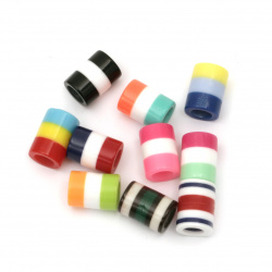 Resin acrylic beads, striped cylinder 14x10 mm hole 6 mm mix - 10 pieces