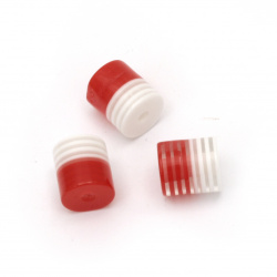 Resin acrylic beads, striped cylinder 8x8 mm hole 1 mm striped white red - 50 pieces