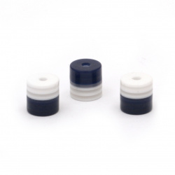Мънисто резин цилиндър 9x8 мм дупка 2 мм бяло синьо райе -50 броя