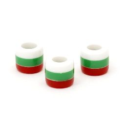 Resin acrylic beads, striped cylinder 10x12 mm hole 6 mm white green red - 20 pieces