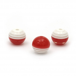 Σφαίρα ρητίνη 12,5x14 mm τρύπα 2,5 mm λευκές και κόκκινες ρίγες -10 τεμάχια