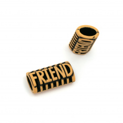 Antique acrylic cylinder bead with inscription "Friend' 28x14x10 mm hole 5x10 mm color brown - 50 grams ~ 30 pieces