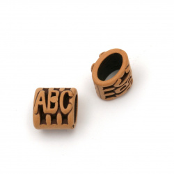 Antique acrylic cylinder bead with inscription ABC 13x14x12 mm hole 10x5 mm color brown - 50 grams ~ 60 pieces