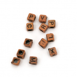 Antique acrylic cube bead with letters 6x6 mm hole 3 mm with letters orange - 50 grams ± 230 pieces