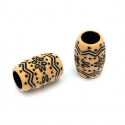 Plastic Cylinder Bead with Ethnic Ornaments, 19.5x13 mm, Hole: 8 mm, Brown -50 grams ~ 31 pieces
