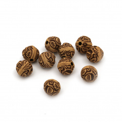 Antique Engraved Ball with Floral Ornaments, 10x10 mm, Hole: 2.5 mm, Brown -50 grams ~ 90 pieces