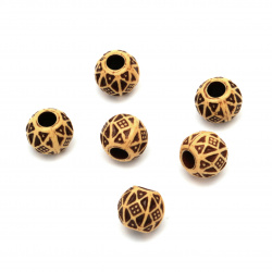 Plastic Ball with Ethnic Ornaments, Wood Imitation, 11x9 mm, Hole: 4 mm, Brown -50 grams ~ 78 pieces