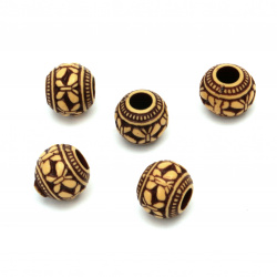 Plastic Ball with Ethnic Ornaments, Wood Imitation, 10x9 mm, Hole: 4 mm, Brown -50 grams ~ 88 pieces
