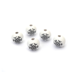Bilă de mărgele din lemn cu fulg de nea negru 15x16 mm gaură 4 mm culoare alb - 10 bucăți
