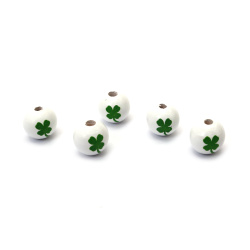Bilă de mărgele din lemn trifoi verde 15x16 mm gaură 4 mm culoare alb - 10 bucăți