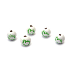 Round Wooden Beads with Rabbit / 15x16 mm, Hole: 4 mm, White and Green - 10 pieces