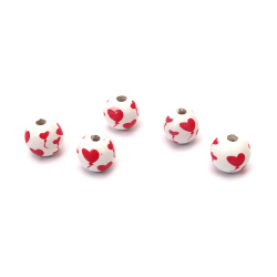 Round Wooden Beads with Heart-Shaped Balloons / 15x16 mm, Hole: 4 mm, White and Red - 10 pieces