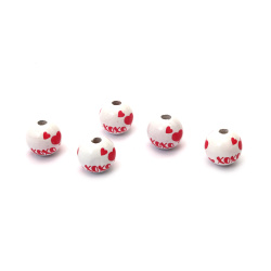 Round Wooden Beads with Inscription and Hearts / 15x16 mm,  Hole: 4 mm, White and Red - 10 pieces