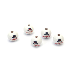 Wooden Ball-Shaped Bead with Snowman / 15x16 mm, Hole: 4 mm, White - 10 pieces