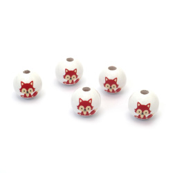 Wooden Ball-Shaped Bead with Fox / 15x16 mm, Hole: 4 mm, White - 10 pieces