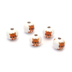 Wooden Ball-Shaped Bead with Tiger / 15x16 mm, Hole: 4 mm, White - 10 pieces