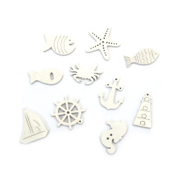 Figurină din lemn cu motive marine 16~30x14~30x2.5 mm forme și dimensiuni asortate culoare alb - 10 bucăți