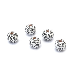 Round Wooden Bead with Leopard Motif 15x16 mm, Hole: 4 mm, White with Gray - 10 pieces