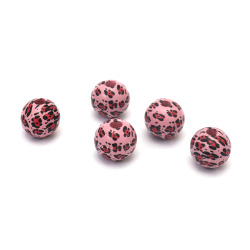 Round Wooden Bead with Leopard Motif 15x16 mm, Hole: 4 mm, Pink - 10 pieces