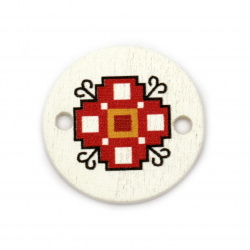 Wooden Circle Connector printed with EMBROIDERY / 24x1.8 mm,  Holes: 2.5 mm - 10 pieces