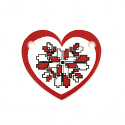 Wooden Heart-shaped Connector with Print of EMBROIDERY /  28x25x2 mm, Holes: 2 mm - 10 pieces