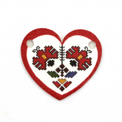 Wooden Heart-shaped Link Tile with EMBROIDERY / 28x25x2 mm, Holes: 2 mm - 10 pieces