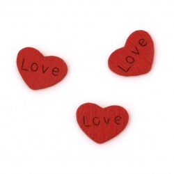 Ξύλινη καρδιά τύπου cabochon 9x12x1,5 mm επιγραφή LOVE κόκκινο -10 τεμάχια
