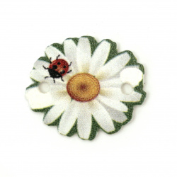 Wooden Connecting Element / Daisy with Ladybug, 26x22x2 mm, Hole: 2 mm -10 pieces