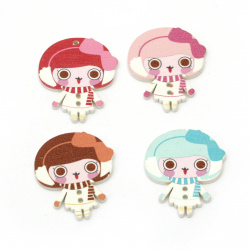 Wooden Girl Button, 35x29x2 mm, Holes: 2 mm, MIX -10 pieces