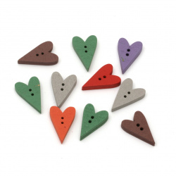 Colored Wooden Heart Buttons, 23x15x4 mm, Holes: 1.5 mm, MIX -10 pieces