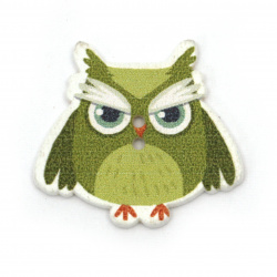Wooden Owl Button, 25x28x1.5 mm, Holes: 1 mm, Green -10 pieces
