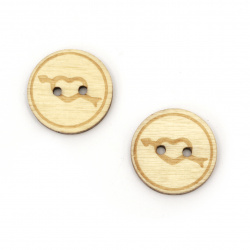 Round Natural Wooden Button / Heart with Arrow, 25x2.5 mm, Holes: 2 mm -10 pieces