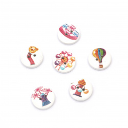 Round Wooden Buttons with Prints for Children's Accessories, 15x4 mm, Hole: 1 mm, MIX -10 pieces