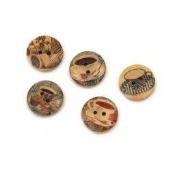Wooden Round Buttons with Vintage Prints / Coffee, 20x5 mm, Hole: 2.5 mm, MIX -10 pieces