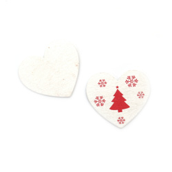 Inimă din lemn 28x31x2 mm cu motive de Crăciun tip cabochon culoare alb - 10 buc