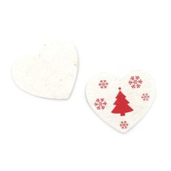 Καρδιά, ξύλινο μοτίφ 37x40x2 mm με χριστουγεννιάτικα μοτίβα cabochon, χρώμα λευκό - 10 τεμάχια