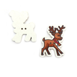 Wooden Christmas Button, Deer / 34x27x2 mm, Hole: 1 mm - 10 pieces