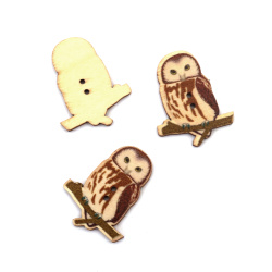Wooden Owl Button / 35x28x2.5 mm, Hole: 1 mm - 10 pieces