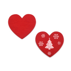 Καρδιά, ξύλινο μοτίφ 37x40x2 mm με χριστουγεννιάτικα μοτίβα τύπου cabochon, χρώμα κόκκινο - 10 τεμάχια