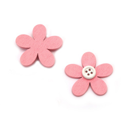Wooden Flower Cut Out with Button / 40x6 mm / Pink - 10 pieces