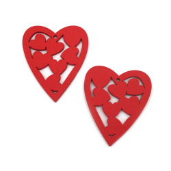 Καρδιά, ξύλινο κρεμαστό 49x42x2 mm τρύπα 2 mm χρώμα κόκκινο - 5 τεμάχια