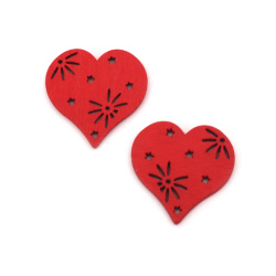 Figurină inimă din lemn 29x29x2,5 mm culoare roșu - 10 bucăți