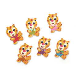 Wooden Tiger Button for Children's Accessories / 33x22x2.5 mm, Hole: 1.5 mm / MIX - 10 pieces