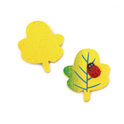 Colored Wooden Leaf Shape with Ladybug / 39x34x6 mm - 5 pieces