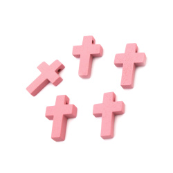 Σταυρός, ξύλινο κρεμαστό 21,5x14x4,5 mm τρύπα 2 mm χρώμα ροζ - 10 τεμάχια