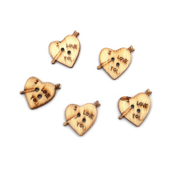 Wooden Heart Button 15x18x2 mm, hole 1 mm, color wood - 20 pieces